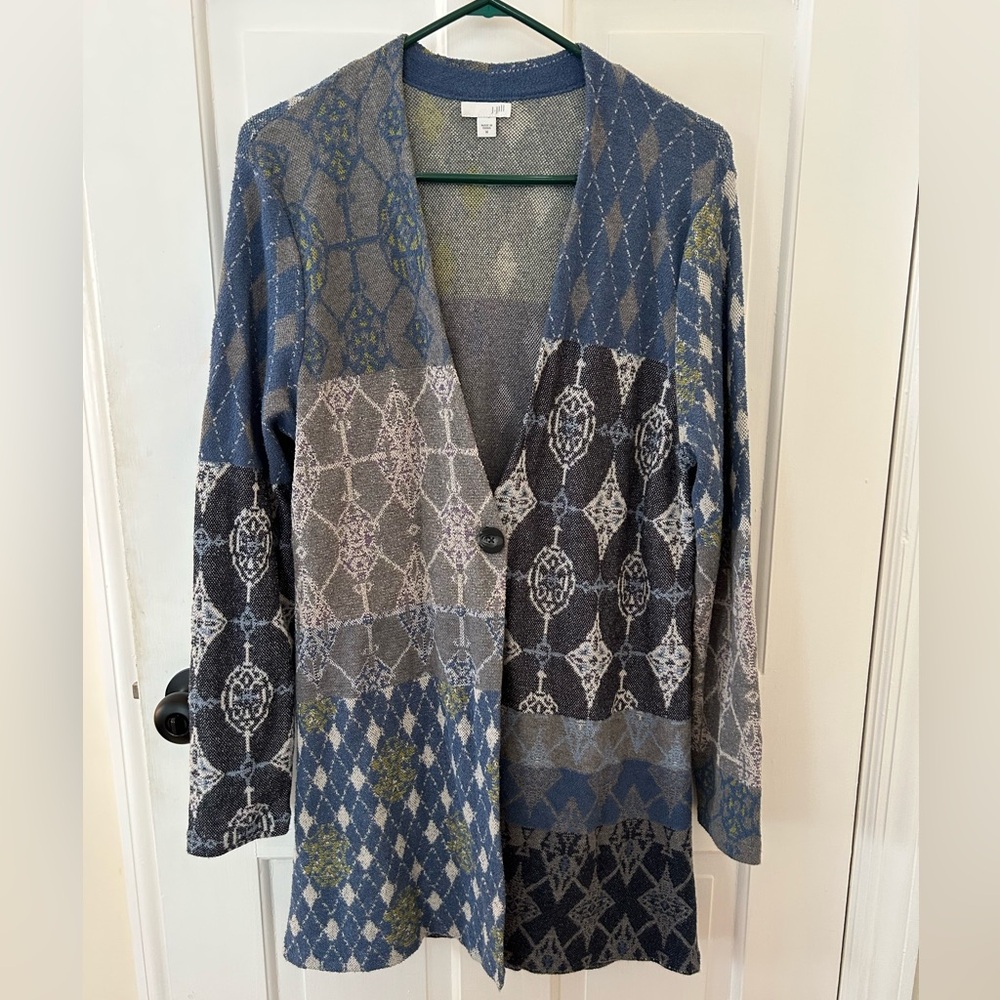J JILL BLUE ARGYLE PATCHWORK CARDIGAN SWEATER W/ SINGLE BUTTON SIZE MED